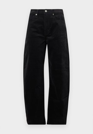 Svarte kordfløyelsbukser med rette ben, frontknapp og glidelås, lommer foran og bak, vist på ensfarget bakgrunn.