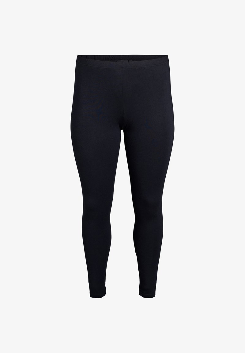 Legging noirs en tissu extensible, dotés d'une taille élastique et d'une texture lisse. Sans motifs ni coutures visibles.