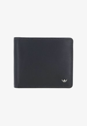 Schwarzes Leder-Bifold-Portemonnaie mit sauberer Naht und einem kleinen silbernen Hörner-Emblem in der unteren rechten Ecke.
