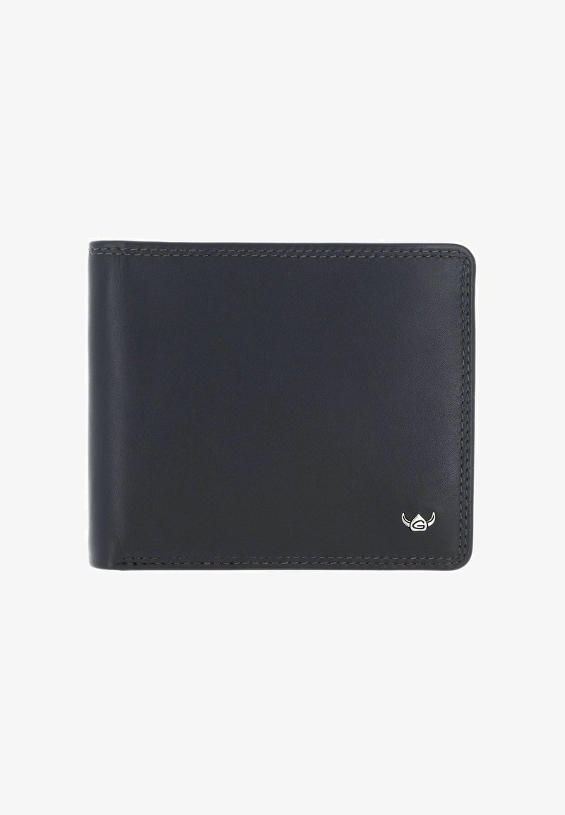 Portefeuille noir en cuir bifold avec des coutures soignées et un petit emblème argenté à cornes dans le coin inférieur droit.