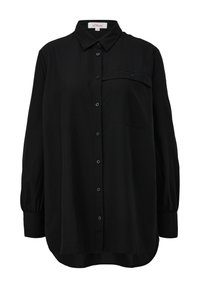 Schwarzfarbiges Hemd mit Knöpfen aus glattem Stoff, mit langen Ärmeln, einem Kragen und einer Brusttasche. Gerundeter Saum, minimalistisches Design.