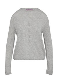 Pull en tricot gris à manches longues, encolure ronde et détails de couture verticale à l'arrière. Texture douce et coupe décontractée.