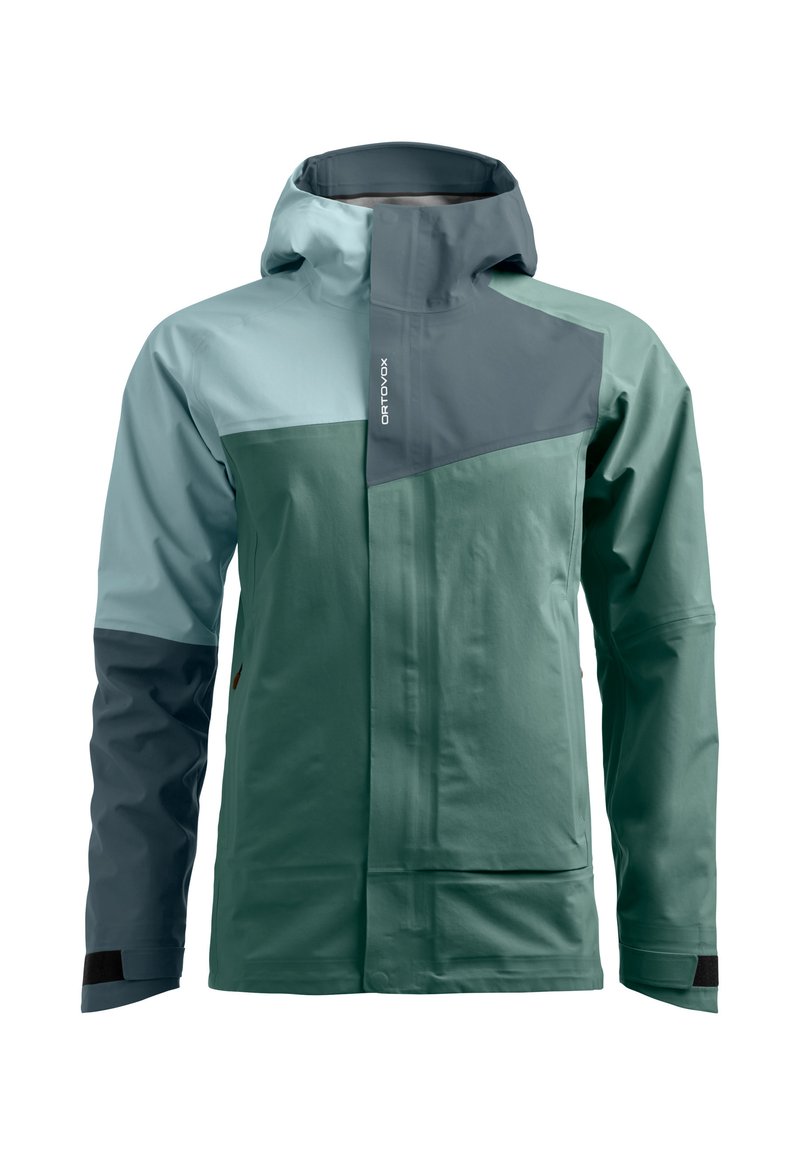Waterproof jacket in teal and dark grey. Features a zippered front, adjustable hood, and contrasting panel design. Smooth texture, minimal hardware.