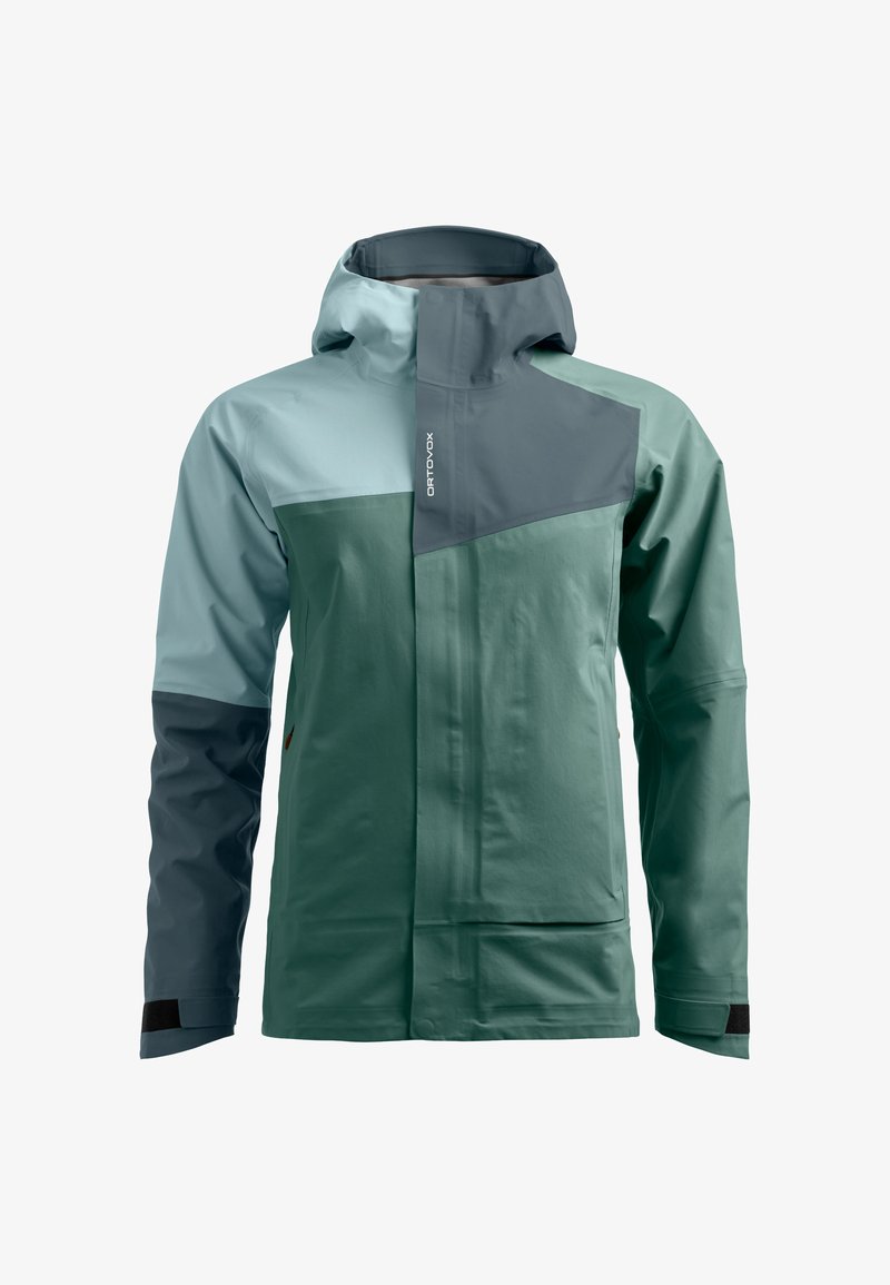 Waterproof jacket in teal and dark grey. Features a zippered front, adjustable hood, and contrasting panel design. Smooth texture, minimal hardware.