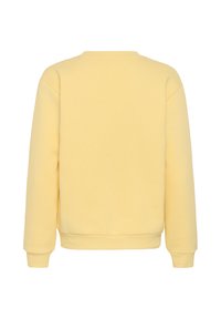 Sweat-shirt uni jaune clair à manches longues avec poignets et ourlet côtelés, présenté de dos sur fond blanc.
