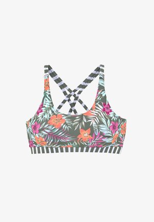 Cvečni športni modrček v zeleni barvi z rožnatimi, oranžnimi in modrimi tropskimi vzorci. Ima križno zaponko in črtast pas na dnu.