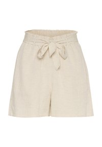 Beige linnen shorts met een elastische tailleband die is geplooid, een stoffen strikceintuur en een losse pasvorm. Soepele textuur en lengte tot halverwege de dij.