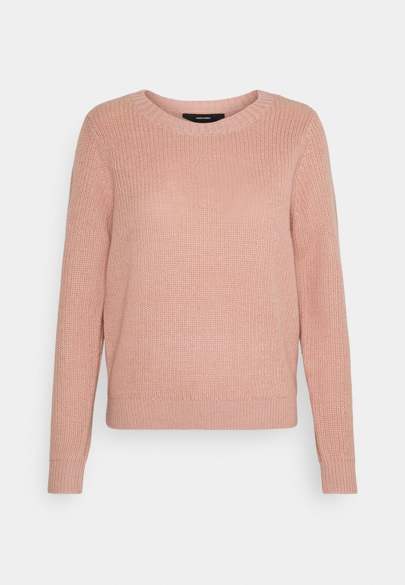 Pull en tricot rose clair avec un col rond, des manches longues et des poignets et un ourlet côtelés. Tissu texturé avec une coupe décontractée.
