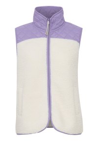 Vest din fleece cu partea superioară quilted de lavandă și secțiunea inferioară de crem. Dispune de un guler înalt, fermoar frontal și buzunare laterale.