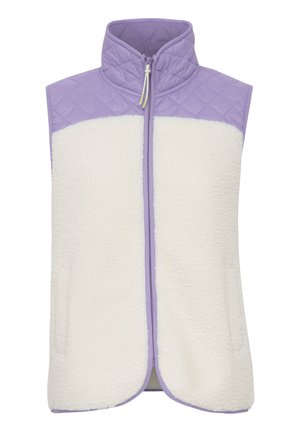 Fleece-Weste mit einem lila gesteppte oberen Teil und einem cremefarbenen unteren Abschnitt. Sie verfügt über einen hohen Kragen, einen Frontreißverschluss und Seitentaschen.