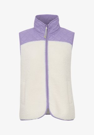 Fleece-Weste mit einem lila gesteppte oberen Teil und einem cremefarbenen unteren Abschnitt. Sie verfügt über einen hohen Kragen, einen Frontreißverschluss und Seitentaschen.