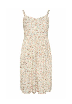 Abito estivo floreale con spalline sottili. Il tessuto leggero presenta uno sfondo bianco decorato con piccoli fiori arancioni e una vita arricciata.