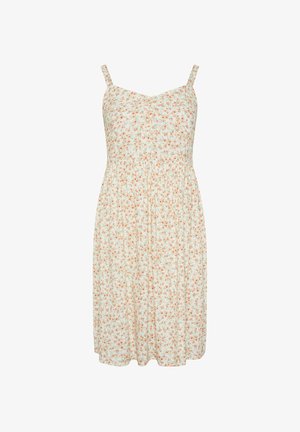 Abito estivo floreale con spalline sottili. Il tessuto leggero presenta uno sfondo bianco decorato con piccoli fiori arancioni e una vita arricciata.