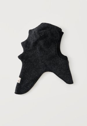 Dark gray fleece balaclava with ridged design and ribbed neck opening, designed for full head and neck coverage.