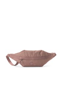 Weiche, rosafarbene Stoffbauchtasche mit geschwungener Form, verstellbarem Riemen, zwei runden Dekorationsakzenten und einer Reißverschlusstasche.