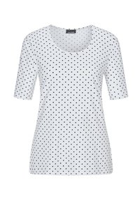 Witte korte mouwen t-shirt met een ronde hals en een patroon van kleine zwarte stippen die gelijkmatig over de stof zijn verdeeld.
