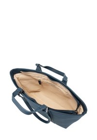 Borsa a tracolla blu in pelle con due manici e interno in tessuto beige, mostrata aperta con una tasca con zip all'interno.