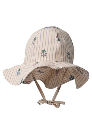 Beige solhatt med bred brem, blå vertikale striper, små blomstertrykk og hakestropper knyttet i sløyfe.