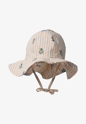 Beige solhatt med bred brem, blå vertikale striper, små blomstertrykk og hakestropper knyttet i sløyfe.