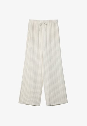 Helle beige, weite Hosen mit einer sanften, strukturierten Oberfläche und subtilen vertikalen Streifen. Mit einem elastischen Bund und einem Bindeband.