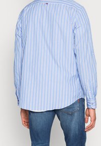 Blå og hvide stribede langærmet skjorte med knaplukket krave, knapærmer og buet kant; lavet af let stof.