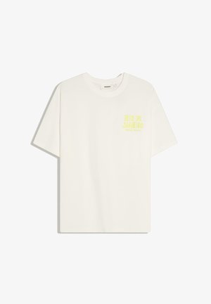 White short-sleeve T-shirt with "RIO DE JANEIRO" yellow text on the left chest and a round neckline.