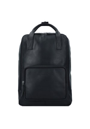 Sac à dos en cuir noir avec deux poignées supérieures, poche avant zippée et texture lisse ; présente un design minimaliste et des coutures durables.