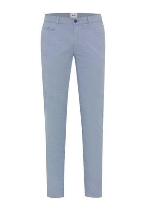 Lyseblå herre bukser med slim fit, bæltestropper, knaplukning og en lille detalje på frontlommen.