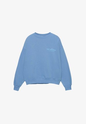 Light blue sweatshirt made of soft material, featuring a crew neckline, relaxed fit, and a small printed logo on the left chest.