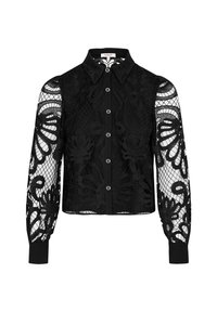 Blusa nera in pizzo con motivi floreali, chiusura con bottoni e maniche lunghe trasparenti. Tessuto testurizzato con polsini e colletto neri solidi.
