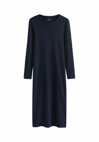 Langarmkleid aus dunkelblauem geripptem Stoff mit Rundhalsausschnitt und gerader Silhouette, das eine glatte Textur und ein knielanges Design aufweist.