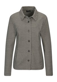 Gestructureerde jas in een zwart en beige houndstooth patroon, met een kraag, knoopsluiting aan de voorkant en lange mouwen.