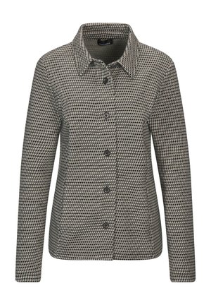 Strukturierte Jacke im schwarz-beigen Hahnentrittmuster, mit Kragen, Knopfleiste und langen Ärmeln.