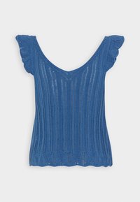 Niebieski dziany top na ramiączkach z prążkowaną fakturą, okrągłym dekoltem i falbaniastymi rękawami. Posiada karbowany brzeg i pionowe paski na całej powierzchni.