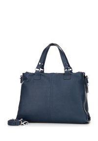 Borsa a mano in pelle blu scuro con doppi manici superiori, dettagli in metallo argentato e tracolla rimovibile. Presenta una texture liscia e una forma strutturata.