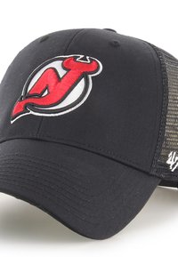 Black baseball cap with a curved brim, featuring a red embroidered logo on the front and mesh panels on the sides for breathability.