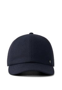 Tmavě modrá vlněná baseballová čepice s křivým brimem a malým kulatým knoflíkem na boku, zobrazená zepředu.