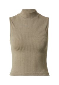 Beige mouwloze ribgebreide top met een hoge opstaande kraag. Heeft een fitted ontwerp en een subtiele textuur, geschikt voor het laagjes dragen of als op zichzelf.