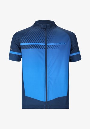 Kortärmad cykeltröja i gradientblå nyanser, med dragkedja fram, geometriskt mönster och kontrasterande band längs ärmarna.