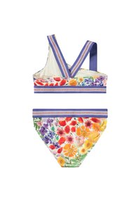 Cvetni bikini set z večbarvnim cvetličnim vzorcem in vijoličnimi poudarki, nastavljivimi naramnicami in usklajenimi hlačkami z visokim pasom.