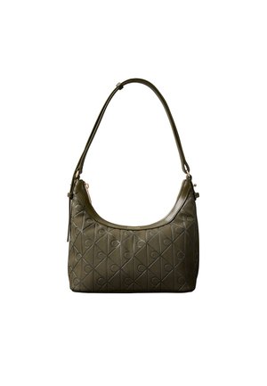Dark green handbag with quilted pattern of interlocking circles and a single shoulder strap, shown against a white background.