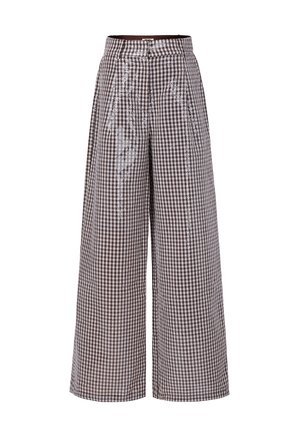 Bruin en witte ruitpatroon wijde-pijpenbroeken met een hoge taille, voorzien van plooien en een gladde textuur, ontworpen voor een losse pasvorm.