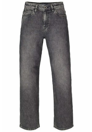 Jeans da uomo in denim grigio scuro a gamba dritta con chiusura a bottone e zip, design a cinque tasche e passanti per cintura.