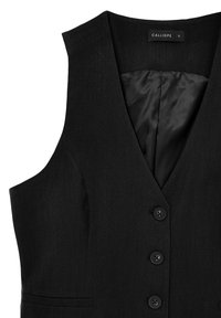 Gilet senza maniche nero con scollatura a V profonda, quattro bottoni neri, tasche laterali e una fodera interna liscia. Etichetta con la scritta "CALLIOPE" taglia S.