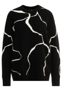 Pull noir en matière pelucheuse, avec un motif abstrait blanc. Col rond, manches longues, poignets et ourlet côtelés.