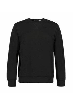 Black sweatshirt made of soft fabric, featuring a crew neckline, long sleeves, ribbed cuffs, and a small logo detail on the chest.