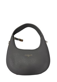 Piccola borsa a tracolla in pelle grigia con una singola maniglia spessa, zip dorata e logo "GAELLE PARIS" in oro sulla parte anteriore.