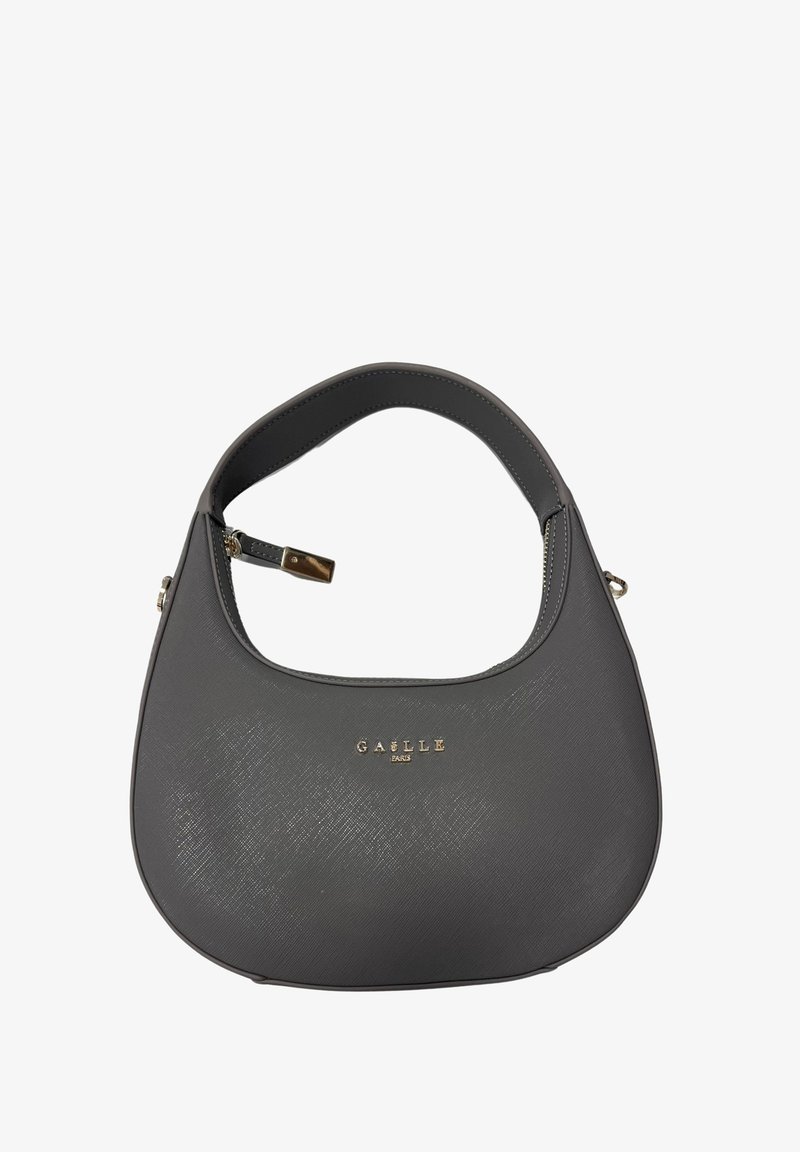 Piccola borsa a tracolla in pelle grigia con una singola maniglia spessa, zip dorata e logo "GAELLE PARIS" in oro sulla parte anteriore.