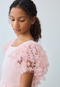 Vaaleanpunainen mekko, jossa on läpikuultavat kukkaiset hihat pehmeästä tulesta. Päälliosa on koristeltu kohokuvioiduilla kukkakuoseilla ja pyöreällä pääntiellä.