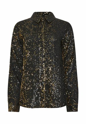 Camisa negra cubierta de lentejuelas doradas y plateadas, con cuello y mangas largas, con cierre de botones en el frente. Superficie texturizada y reflectante.